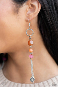 Alternating between an abstract orange stone, glassy orange bead, and pink matte bead, geometric, floral-studded silver beads are threaded onto a brown string that is knotted at the bottom of a shimmery silver hoop. Another faceted floral-studded bead and stud-accented silver disc delicately stream from a trio of silver chains in varying lengths at the bottom of the design, creating an eye-catching, earthy fringe.