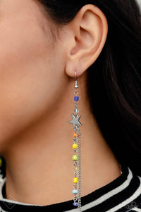 Featuring a mismatched finish, a collection of blue, orange, yellow, and green seed beads trickle along an elongated silver chain. A strand of silver classic and ball chain stream from the bottom of a silver star - also infused along the shoulder-dusting chain - creating a trendy tassel. Earring attaches to a standard fishhook fitting.  Sold as one pair of earrings.