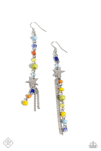 Featuring a mismatched finish, a collection of blue, orange, yellow, and green seed beads trickle along an elongated silver chain. A strand of silver classic and ball chain stream from the bottom of a silver star - also infused along the shoulder-dusting chain - creating a trendy tassel. Earring attaches to a standard fishhook fitting.  Sold as one pair of earrings.