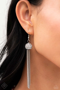 Strands of silver ball chains and white rhinestones in square fittings stream between a sparkly white rhinestone-encrusted ornament, creating a timeless tassel. Earring attaches to a standard fishhook fitting.  Sold as one pair of earrings.