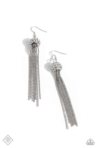 Strands of silver ball chains and white rhinestones in square fittings stream between a sparkly white rhinestone-encrusted ornament, creating a timeless tassel. Earring attaches to a standard fishhook fitting.  Sold as one pair of earrings.