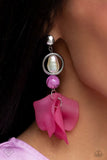 A silver stud gives way to a silver hoop with an iridescent-dipped baroque pearl center. A cloudy Radiant Orchid bead dangles below the ring while a collection of curved, Viva Magenta matte petals cluster into a whimsical lure for a colorful finish. Earring attaches to a standard fishhook fitting. Due to its prismatic palette, color may vary.  Sold as one pair of post