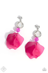 A silver stud gives way to a silver hoop with an iridescent-dipped baroque pearl center. A cloudy Radiant Orchid bead dangles below the ring while a collection of curved, Viva Magenta matte petals cluster into a whimsical lure for a colorful finish. Earring attaches to a standard fishhook fitting. Due to its prismatic palette, color may vary.  Sold as one pair of post