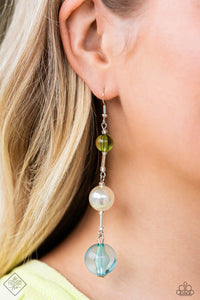 Alternating in glass-like finishes, polished olive and turquoise orbs gradually increase in size as they connect into a colorful lure. A classic white pearl separates the two spheres for a hint of bubbly refinement. Earring attaches to a standard fishhook fitting.  Sold as one pair of earrings.