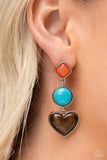 Featuring heart, oval, and square style cuts, three earthy frames in glassy Burnt Sienna, turquoise, and brown cat's eye hues are delicately encased in silver frames, as they link down the ear into a desert-inspired lure. Earring attaches to a standard post fitting. As the stone elements in this piece are natural, some color variation is normal.  Sold as one pair of post earrings.