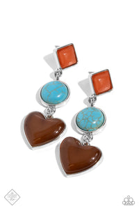 Featuring heart, oval, and square style cuts, three earthy frames in glassy Burnt Sienna, turquoise, and brown cat's eye hues are delicately encased in silver frames, as they link down the ear into a desert-inspired lure. Earring attaches to a standard post fitting. As the stone elements in this piece are natural, some color variation is normal.  Sold as one pair of post earrings.