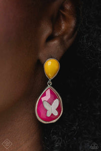 An exaggerated pink teardrop-shaped acrylic swings from the bottom of an upside-down yellow teardrop-shaped acrylic, creating a dramatically colorful lure. A dainty silver butterfly flutters atop the center of the pink acrylic for a whimsical finish. Earring attaches to a standard post fitting.  Sold as one pair of post earrings.