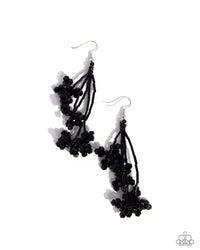 A sextet of black seed beads gives way to a collection of black cylindrical beaded strands that cascade from the ear. Featured at the ends of each cylindrical strand, faceted black beads bloom into a floral explosion for a fashionable fusion. Earring attaches to a standard fishhook fitting.  Sold as one pair of earrings.