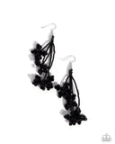 A sextet of black seed beads gives way to a collection of black cylindrical beaded strands that cascade from the ear. Featured at the ends of each cylindrical strand, faceted black beads bloom into a floral explosion for a fashionable fusion. Earring attaches to a standard fishhook fitting.  Sold as one pair of earrings.