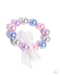 <p>Strung along an elastic stretchy band, a collection of glossy colorful pearls alternate with dainty white pearls along the wrist. An airy, chiffon white ribbon is tied in the center of the pearls for a refined finish.</p> <p><i> Sold as one individual bracelet. </i></p> <br><b> Get The Complete Look! </b> <br>Earring: "Elegance Ease - Multi" (Sold Separately)