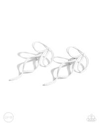 White-painted metal bows loop and curl below the ear for a girly, genuine display. Earring attaches to a standard clip-on fitting.  Sold as one pair of clip-on earrings.