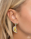 A duo of green marquise-cut gems in varying sizes give way to a lemon-like pendant formed from a trio of yellow triangular-cut gems. A row of glistening white rhinestones also forms along the rind of the lemon for a touch of sparkle. Earring attaches to a standard post fitting.  Sold as one pair of post earrings.