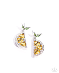 A duo of green marquise-cut gems in varying sizes give way to a lemon-like pendant formed from a trio of yellow triangular-cut gems. A row of glistening white rhinestones also forms along the rind of the lemon for a touch of sparkle. Earring attaches to a standard post fitting.  Sold as one pair of post earrings.