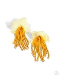 Dainty, yellow tulle ribbon arranges into a beautiful floral centerpiece, giving way to copious strands of bright Saffron seed beads for a fairytale-inspired look. Light brown seed beads cap each end of the Saffron beaded strands for a final flourish of color. Earring attaches to a standard post fitting.  Sold as one pair of post earrings.