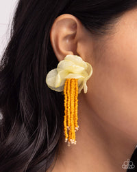 Dainty, yellow tulle ribbon arranges into a beautiful floral centerpiece, giving way to copious strands of bright Saffron seed beads for a fairytale-inspired look. Light brown seed beads cap each end of the Saffron beaded strands for a final flourish of color. Earring attaches to a standard post fitting.  Sold as one pair of post earrings.