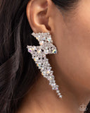 Featuring white gems and iridescent rhinestones, a pair of airy silver lightning bolts flicker and flash along the ear for a dazzling design. Earring attaches to a standard post fitting. Due to its prismatic palette, color may vary.  Sold as one pair of post earrings.