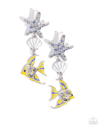 Featuring dainty blue rhinestones, a silver shatter-hammered starfish shimmers from the ear, giving way to a white pearl-painted silver seashell and royal blue and High Visibility-detailed and painted silver fish for a colorfully coastal look. Earring attaches to a standard post fitting.  Sold as one pair of post earrings.