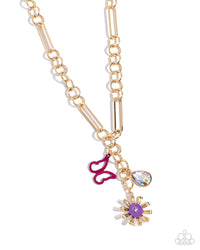 Cascading along an abstract gold chain, a collection of whimsical charms including an orchid-painted butterfly silhouette, a lavender-painted gold flower, and an iridescent teardrop gem extends below the neckline for a glittery finish. Features an adjustable clasp closure.  Sold as one individual necklace. Includes one pair of matching earrings.