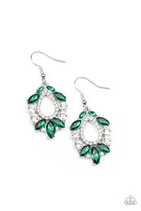 Featuring regal marquise and classic round cuts, a glittery collection of white and green rhinestones coalesce into a jaw-dropping teardrop frame. Earring attaches to a standard fishhook fitting.