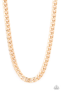 A thick gold strand of curb chain drapes below the collar for a bold industrial look. Features an adjustable clasp closure.  Sold as one individual necklace.   Get The Complete Look! Bracelet: "Knock, Knock, KNOCKOUT - Gold" (Sold Separately)