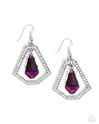 A faceted purple gem swings from the top of a trapezoidal silver frame that is dotted in glassy white rhinestones, creating a prismatic lure. Earring attaches to a standard fishhook fitting.  Sold as one pair of earrings.