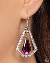 A faceted purple gem swings from the top of a trapezoidal silver frame that is dotted in glassy white rhinestones, creating a prismatic lure. Earring attaches to a standard fishhook fitting.  Sold as one pair of earrings.