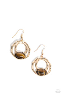 An oval tiger's eye stone is pressed into the bottom of a layered geometric gold frame radiating with hammered texture, resulting in an earthy and edgy trinket. Earring attaches to a standard fishhook fitting.   Sold as one pair of earrings