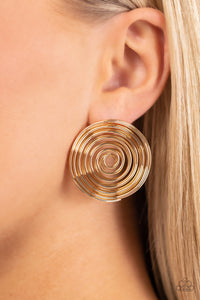 Glistening gold bars delicately bend and coil into a springy spiral, creating a dizzying frame. Earring attaches to a standard post fitting.  Sold as one pair of post earrings.