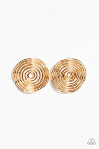 Glistening gold bars delicately bend and coil into a springy spiral, creating a dizzying frame. Earring attaches to a standard post fitting.  Sold as one pair of post earrings.