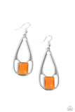 Featuring a faux stone finish, a rectangular orange bead adorns the bottom of an elongated silver teardrop. The top of the silver frame features a faux wire wrap finish, adding a handcrafted flair to the colorful lure. Earring attaches to a standard fishhook fitting.  Sold as one pair of earri