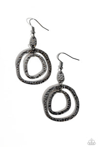 Hammered in shimmery textures, a pair of asymmetrical gunmetal hoops cascade from the bottom of a matching hammered fitting for an edgy vibe. Earring attaches to a standard fishhook fitting.  Sold as one pair of earrings.