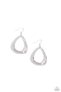 A thick, asymmetrical silver teardrop frame glides from the ear, creating an unexpectedly refined statement. Earring attaches to a standard fishhook fitting.  Sold as one pair of earrings.