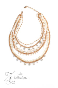 A mismatched collection of gold chains is layered with strands of pearly white beads to create luminous layers with charismatic chaos. Faceted white gems in an assortment of shapes are sporadically sprinkled along sections of the gold chains, adding dramatic flashes of glitz among the mashup of textures. Features an adjustable clasp closure.  Sold as one individual necklace. Includes one pair of matching earrings.