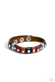 Sections of green, blue, red, brown, and black leather wrap around an urban brown leather band. Emerald-cut silver frames stud the centers of each multicolored suede band, adding a touch of industrial grit to the rustic display. Features an adjustable snap closure.  Sold as one individual bracelet.