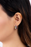 Featuring purple, Rose Violet, orange, and Kohlrabi stars, a thick silver bar curves into a colorfully silver hoop resulting in a basic staple piece. Earring attaches to a standard post fitting. Hoop measures approximately 1/2" in diameter.  Sold as one pair of hoop earrings.