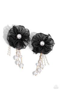 Folds of black netting gather around a glossy white pearl center, creating a spunky blossom. Cascading from the black netted petals, various white pearls in glossy, baroque, and dainty settings are infused along gold cobra chains for a refined finish. Earring attaches to a standard post fitting.  Sold as one pair of post earrings.