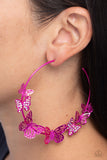 Fluttering along an oversized, electric pink hoop, various-sized butterflies, some featuring iridescent rhinestones, dance along the ear for a whimsical centerpiece. Earring attaches to a standard post fitting. Hoop measures approximately 3" in diameter. Due to its prismatic palette, color may vary.  Sold as one pair of hoop earrings.