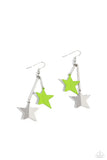 Dangling from a staggered, v-shaped silver bar, a curved Kohlrabi-painted and metallic silver star cascade down the ear for a starstruck fashion. Earring attaches to a standard fishhook fitting.