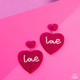 Hot pink rows of dainty seed beads adorn the front of a heart frame at the bottom of a matching beaded fitting, creating a blissfully beaded look. The word "Love" is spelled out in white seed beads across the center of the heart frame for a romantic finish. Earring attaches to a standard post fitting.  Sold as one pair of post earrings.