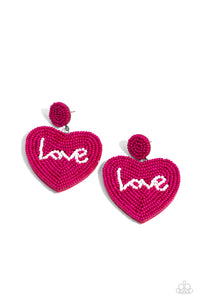 Hot pink rows of dainty seed beads adorn the front of a heart frame at the bottom of a matching beaded fitting, creating a blissfully beaded look. The word "Love" is spelled out in white seed beads across the center of the heart frame for a romantic finish. Earring attaches to a standard post fitting.  Sold as one pair of post earrings.