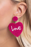 Hot pink rows of dainty seed beads adorn the front of a heart frame at the bottom of a matching beaded fitting, creating a blissfully beaded look. The word "Love" is spelled out in white seed beads across the center of the heart frame for a romantic finish. Earring attaches to a standard post fitting.  Sold as one pair of post earrings.