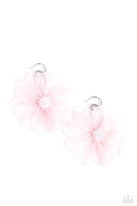 A duo of asymmetrical silver hoops link as they tumble from the ear, coalescing into an abstract lure. Attached to the bottom of the elongated display, oversized light pink chiffon petals bloom around iridescent-tinted beads, creating a fantastical floral frenzy. Earring attaches to a standard post fitting. Hoop measures approximately 1" in diameter. Due to its prismatic palette, color may vary.  Sold as one pair of hoop earrings.