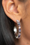 Featuring various shades of purple, emerald-cut gems set in silver-pronged fittings curve along the ear for a dizzying display. Earring attaches to a standard post fitting. Hoop measures approximately 1 1/2" in diameter.  Sold as one pair of hoop earrings.   Get The Complete Look! Necklace: "Easygoing Emeralds - Purple" (Sold Separately)