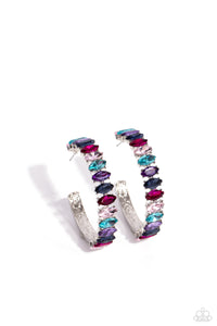 Dazzling multicolored marquise-cut gems fall in line along the front edge of a classic silver hoop. The exposed edges create a gritty silhouette, beautifully contrasting with the blinding shimmer of the gems in a stunning finish. Earring attaches to a standard post fitting. Hoop measures approximately 1 1/2" in diameter.  Sold as one pair of hoop earrings.