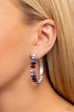 Dazzling multicolored marquise-cut gems fall in line along the front edge of a classic silver hoop. The exposed edges create a gritty silhouette, beautifully contrasting with the blinding shimmer of the gems in a stunning finish. Earring attaches to a standard post fitting. Hoop measures approximately 1 1/2" in diameter.  Sold as one pair of hoop earrings.