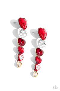 Featuring sleek gold, white, and wine-painted fittings, faceted red, wine, and white heart gems gradually decrease in size as they trickle from the ear for a glamorously romantic look. Earring attaches to a standard post fitting.  Sold as one pair of post earrings.