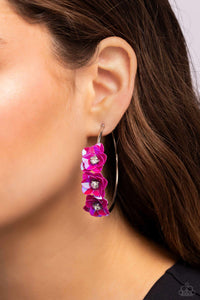 A trio of Fuchsia Fedora flowers, featuring an iridescent sheen and dotted with white pronged rhinestone centers, blossoms atop a thin silver hoop for a dreamy, whimsical finish. Earring attaches to a standard post fitting. Hoop measures approximately 2 1/2" in diameter. Due to its prismatic palette, color may vary.  Sold as one pair of hoop earrings.