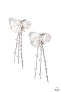 Featuring a layered motif, silver box chains with white rhinestones, white pearls, and white acrylic petals cascade and cluster from a solitaire silver bead, creating a high-society fringe. Earring attaches to a standard post fitting.  Sold as one pair of post earrings