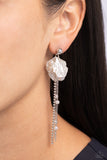 Featuring a layered motif, silver box chains with white rhinestones, white pearls, and white acrylic petals cascade and cluster from a solitaire silver bead, creating a high-society fringe. Earring attaches to a standard post fitting.  Sold as one pair of post earrings