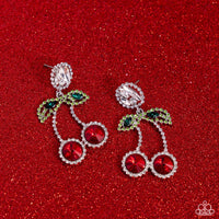 Embedded in glittery white rhinestones, various-shaped red and green rhinestones form two, vibrant cherries that swing from an exaggerated white gem post for a fantastic display of fruit. Earring attaches to a standard post fitting.  Sold as one pair of post earring